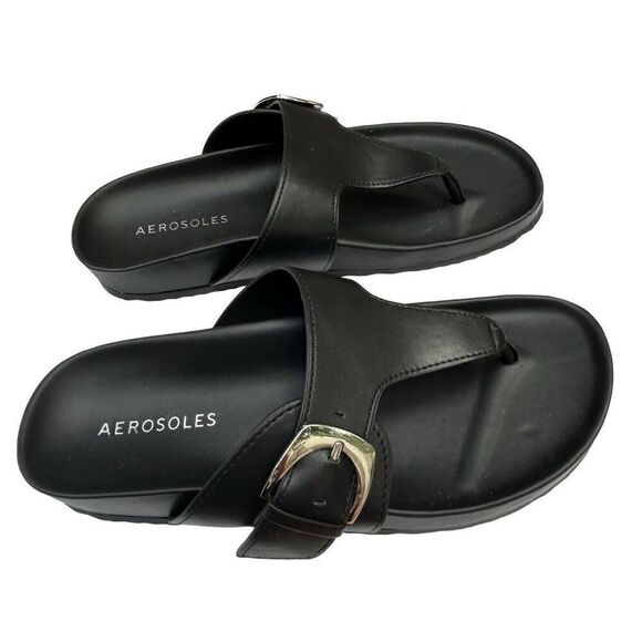NWOT Aerosoles Flipflop Sandals Women's Size 7 Black Faux Leather Molded Footbed - Picture 4 of 9